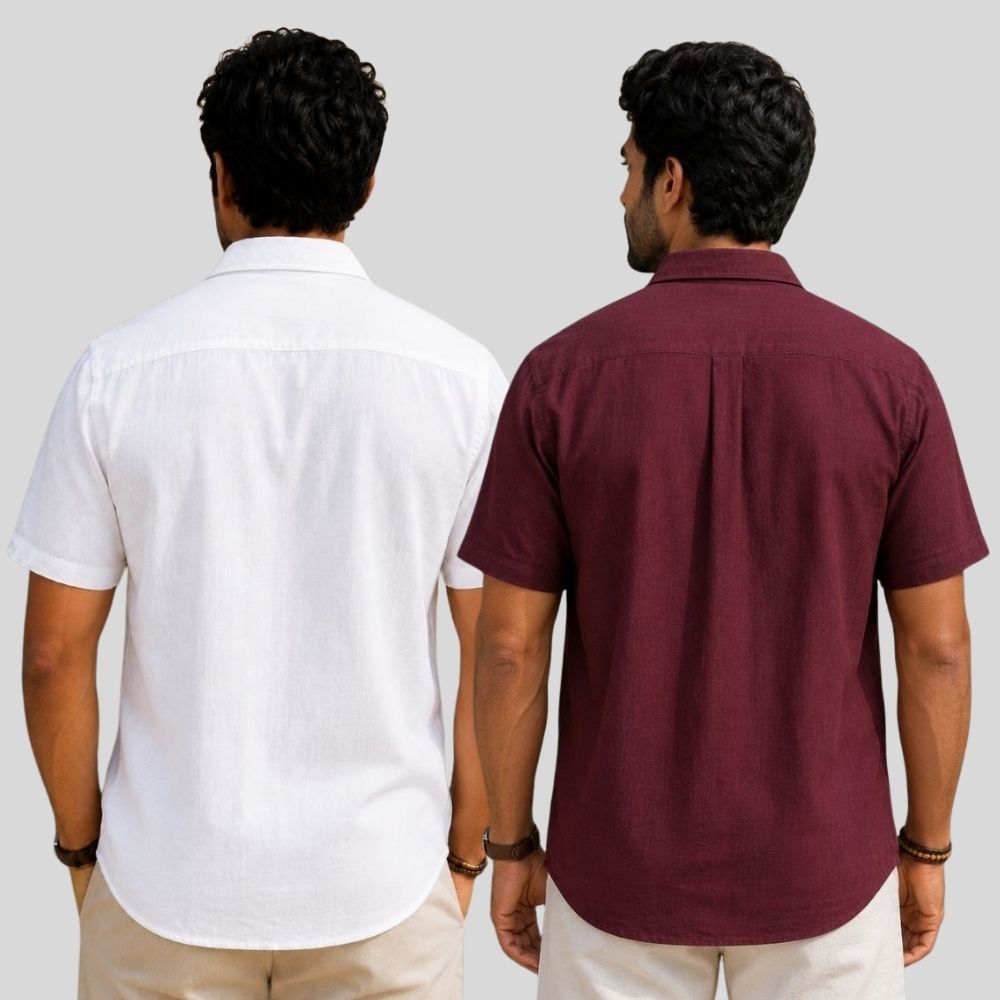 Combo of 2 Linen Half Sleeve Shirt White and Maroon-51909