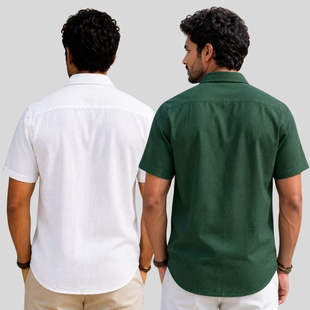 Combo of 2 Linen Half Sleeve Shirt White and Bottle Green-51913