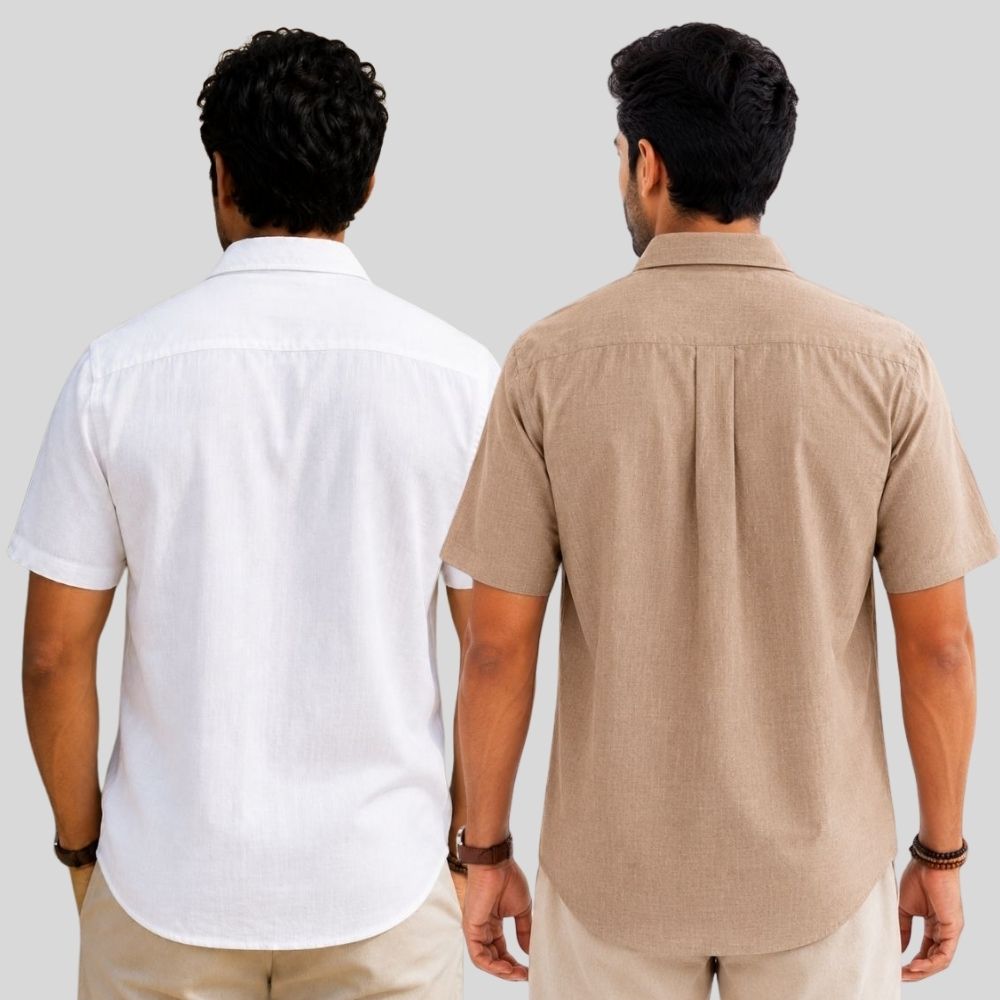 Combo of 2 Linen Half Sleeve Shirt White and Dark Beige-51918