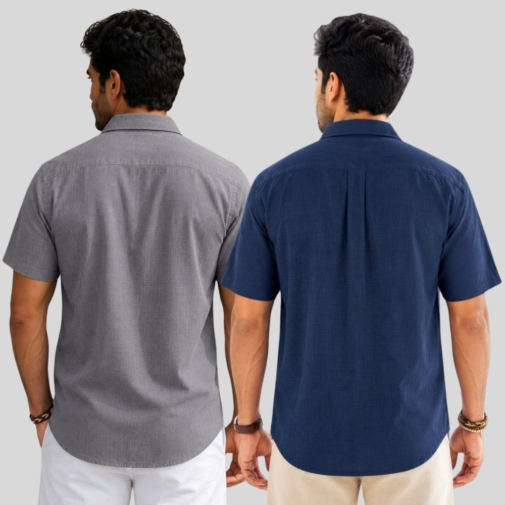 Combo of 2 Linen Half Sleeve Shirt Gray and Navy Blue-51922