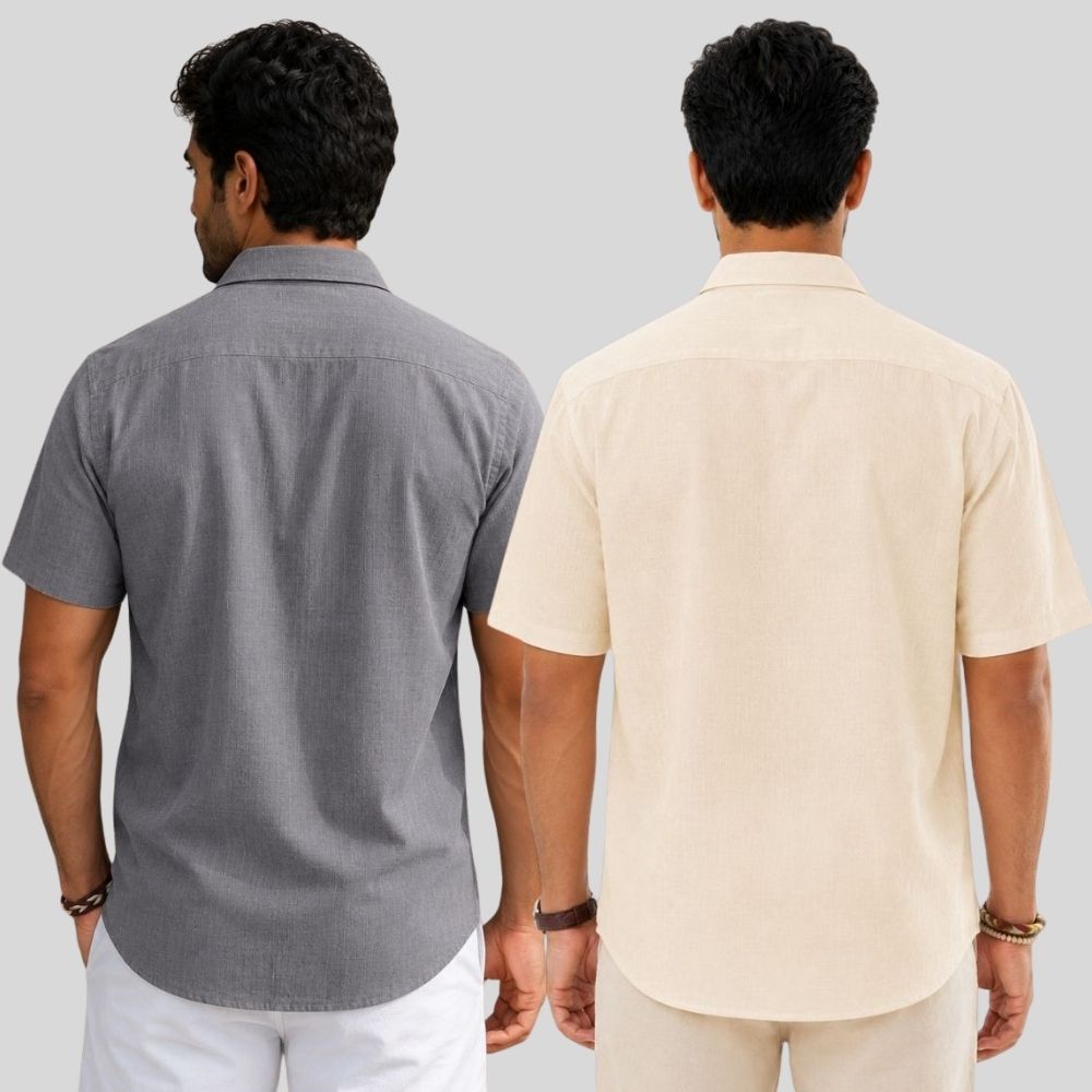 Combo of 2 Linen Half Sleeve Shirt Gray and Light Beige-51926