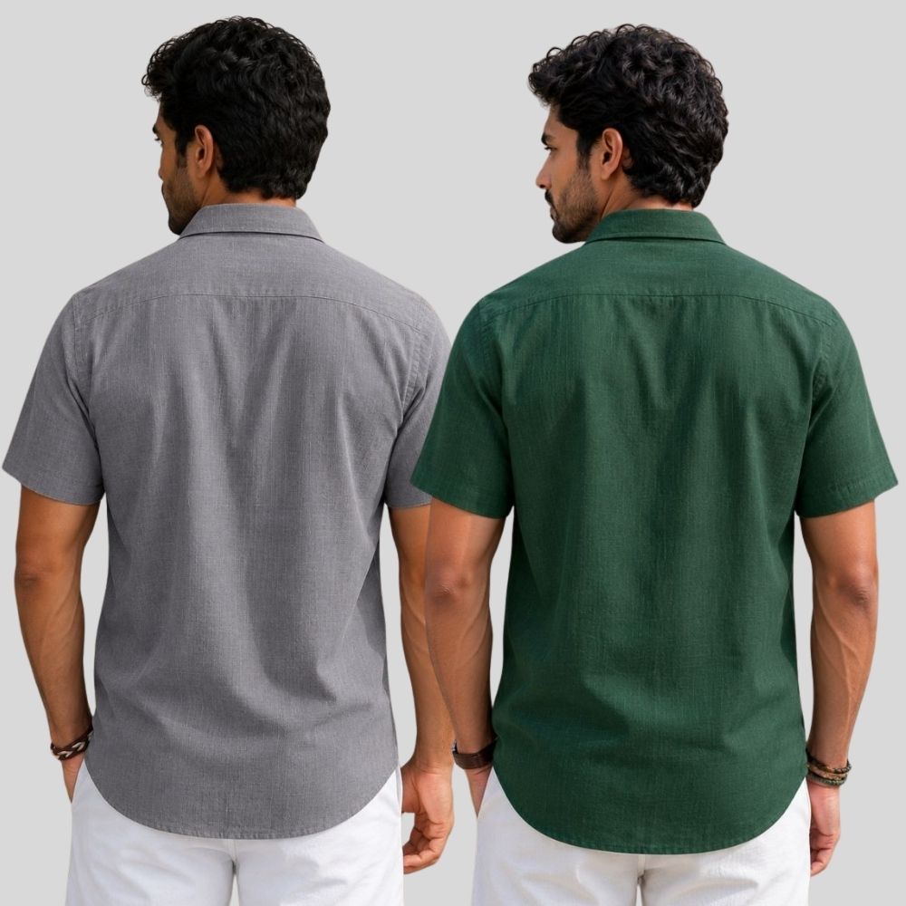 Combo of 2 Linen Half Sleeve Shirt Gray and Bottle Green-51927