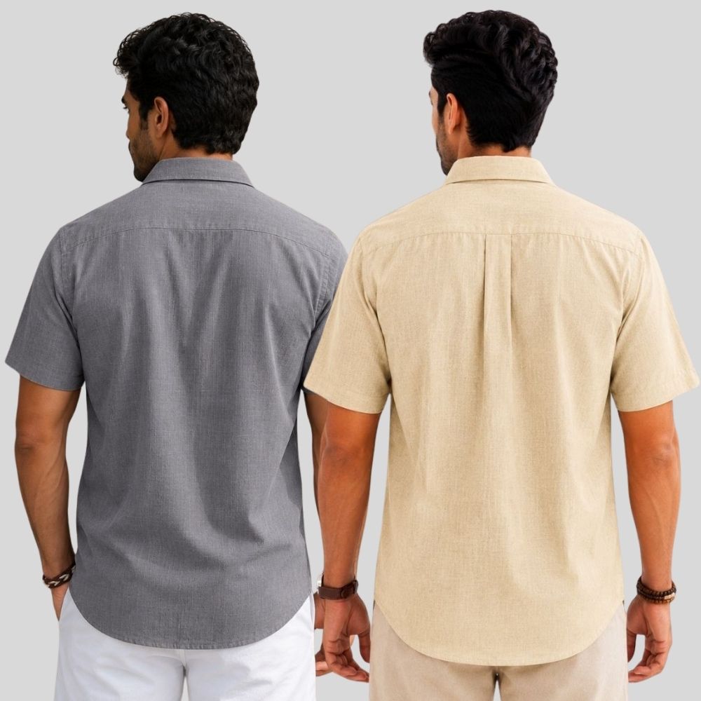 Combo of 2 Linen Half Sleeve Shirt Gray and Beige-51933
