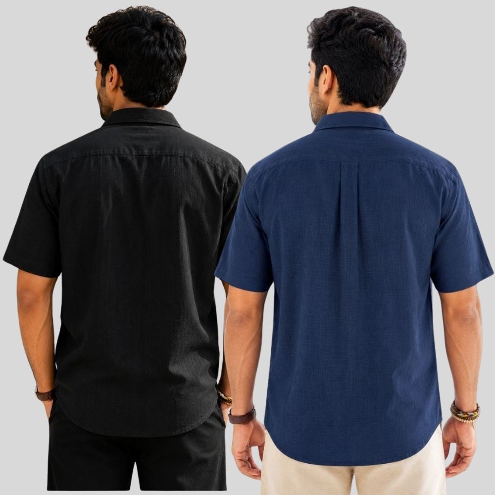 Combo of 2 Linen Half Sleeve Shirt Black and Navy Blue-51935