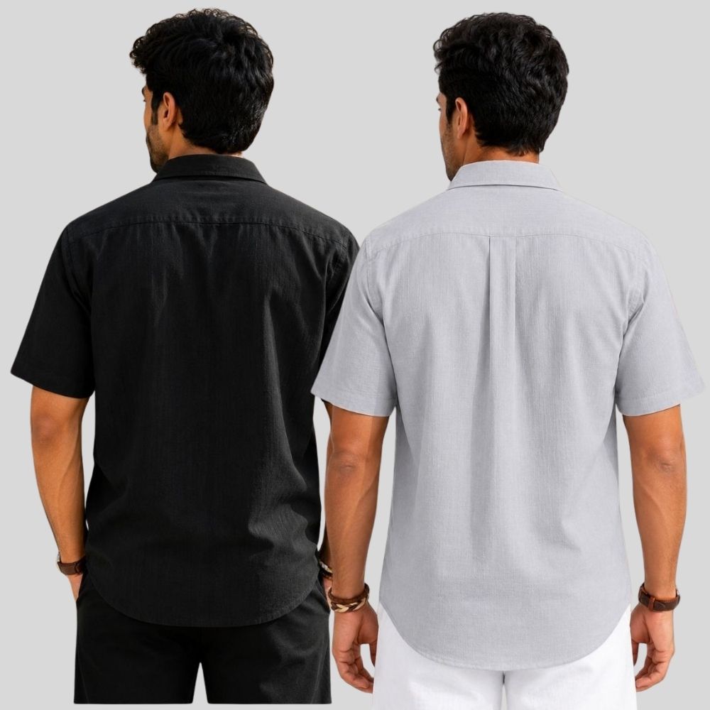Combo of 2 Linen Half Sleeve Shirt Black and Light Gray-51937
