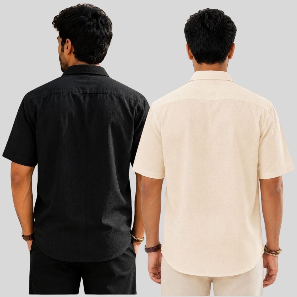 Combo of 2 Linen Half Sleeve Shirt Black and Light Beige-51939