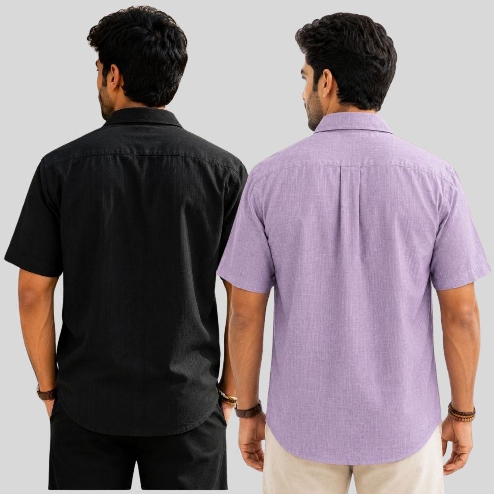 Combo of 2 Linen Half Sleeve Shirt Black and Purple-51943