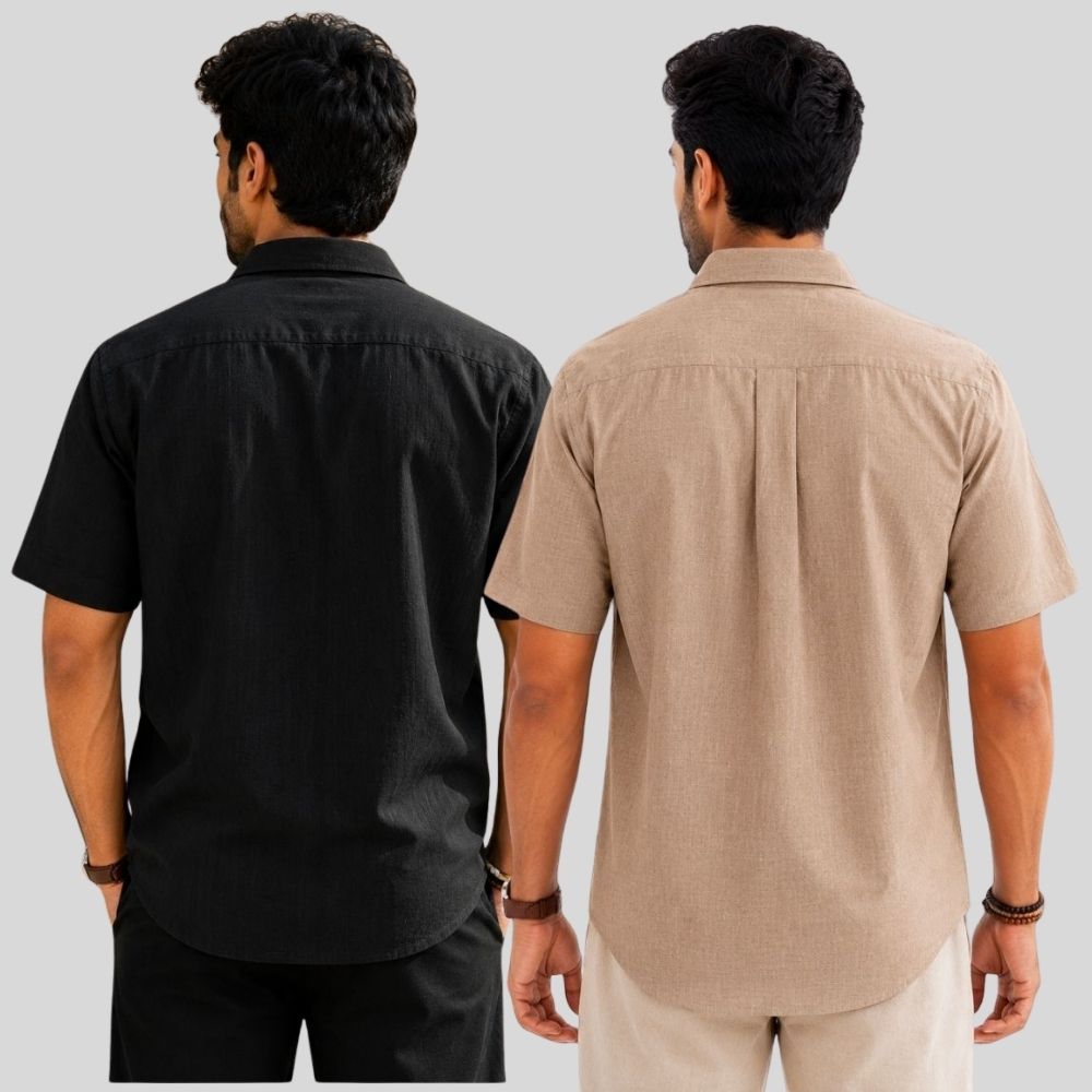 Combo of 2 Linen Half Sleeve Shirt Black and Dark Beige-51945