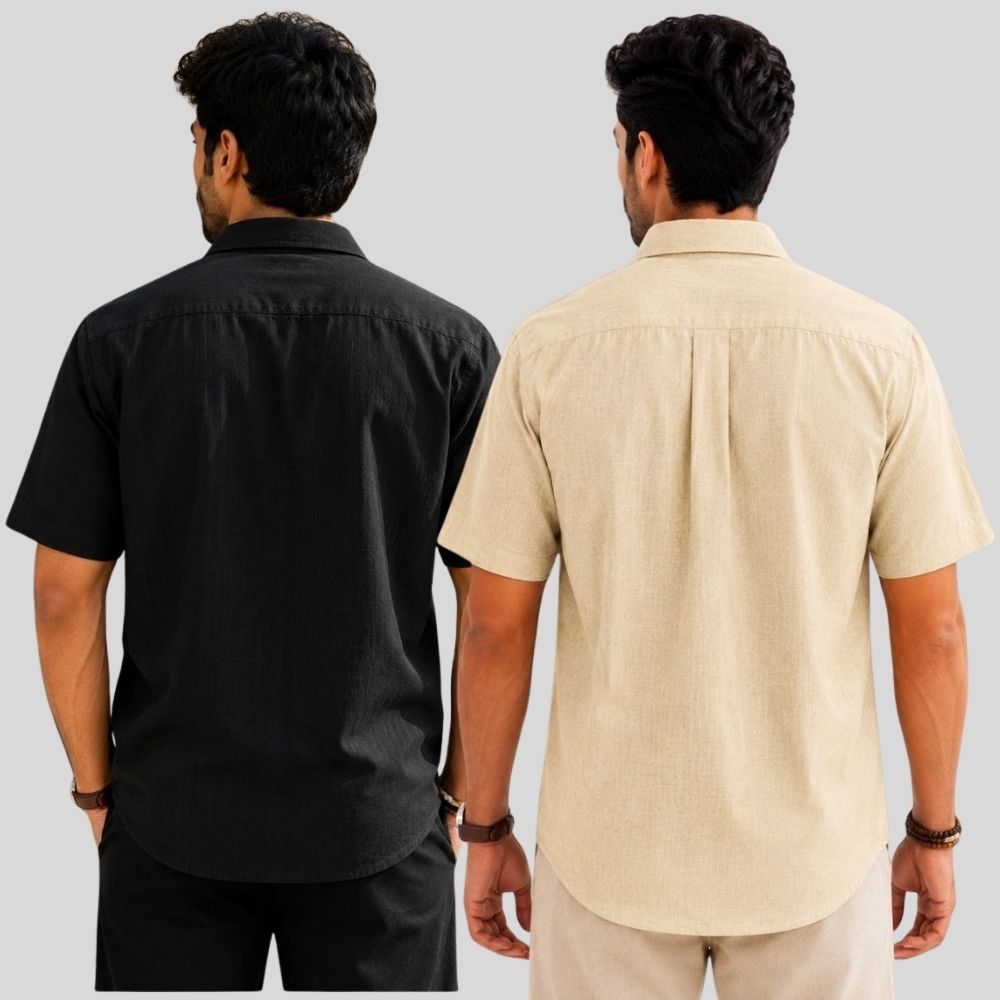 Combo of 2 Linen Half Sleeve Shirt Black and Beige-51946