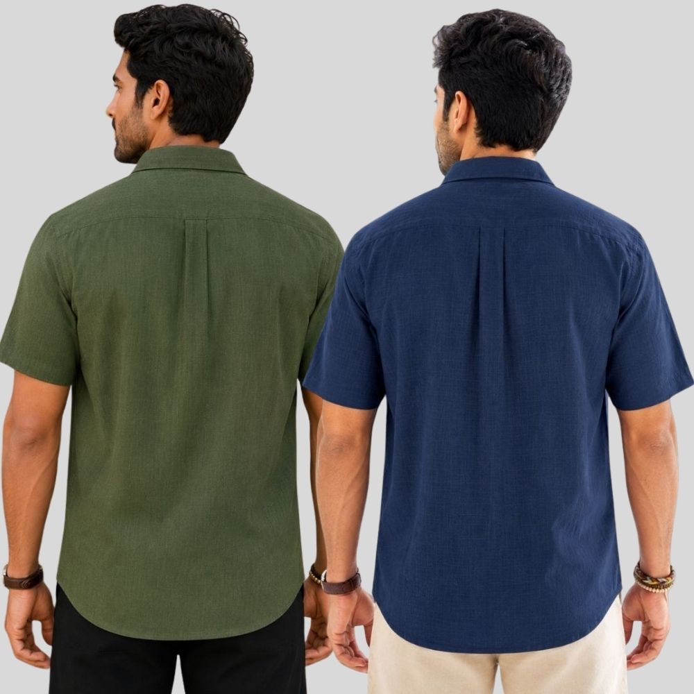 Combo of 2 Linen Half Sleeve Shirt Olive Green and Navy Blue-51947
