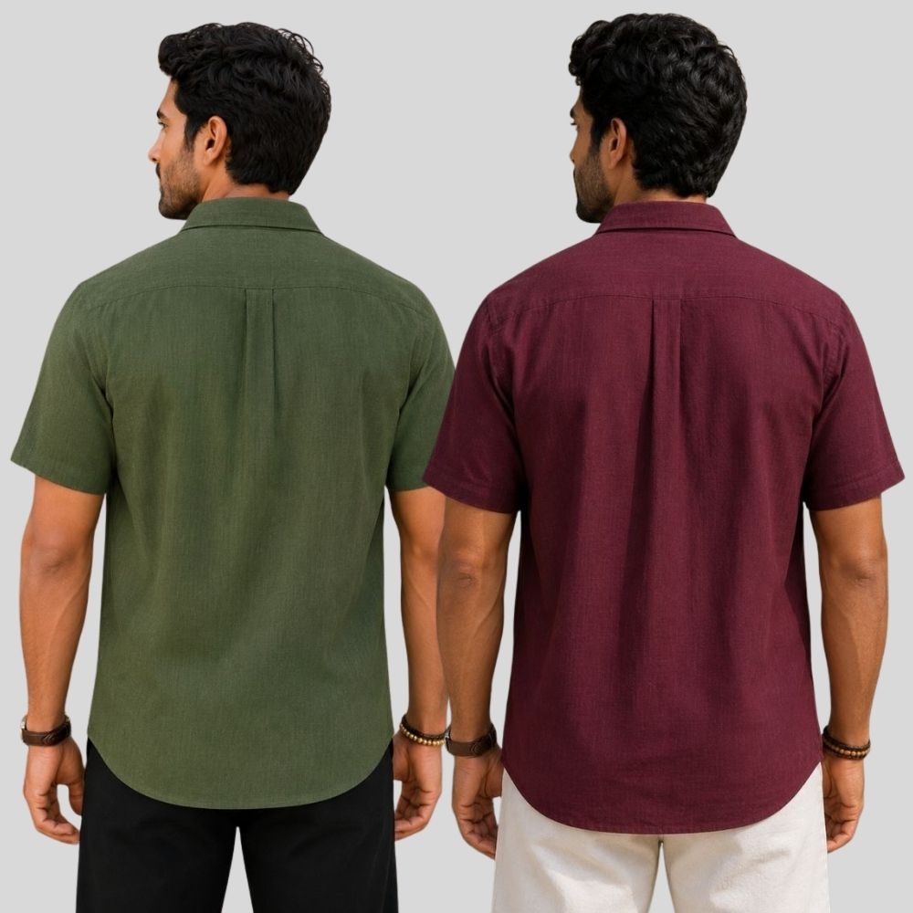 Combo of 2 Linen Half Sleeve Shirt Olive Green and Maroon-51948