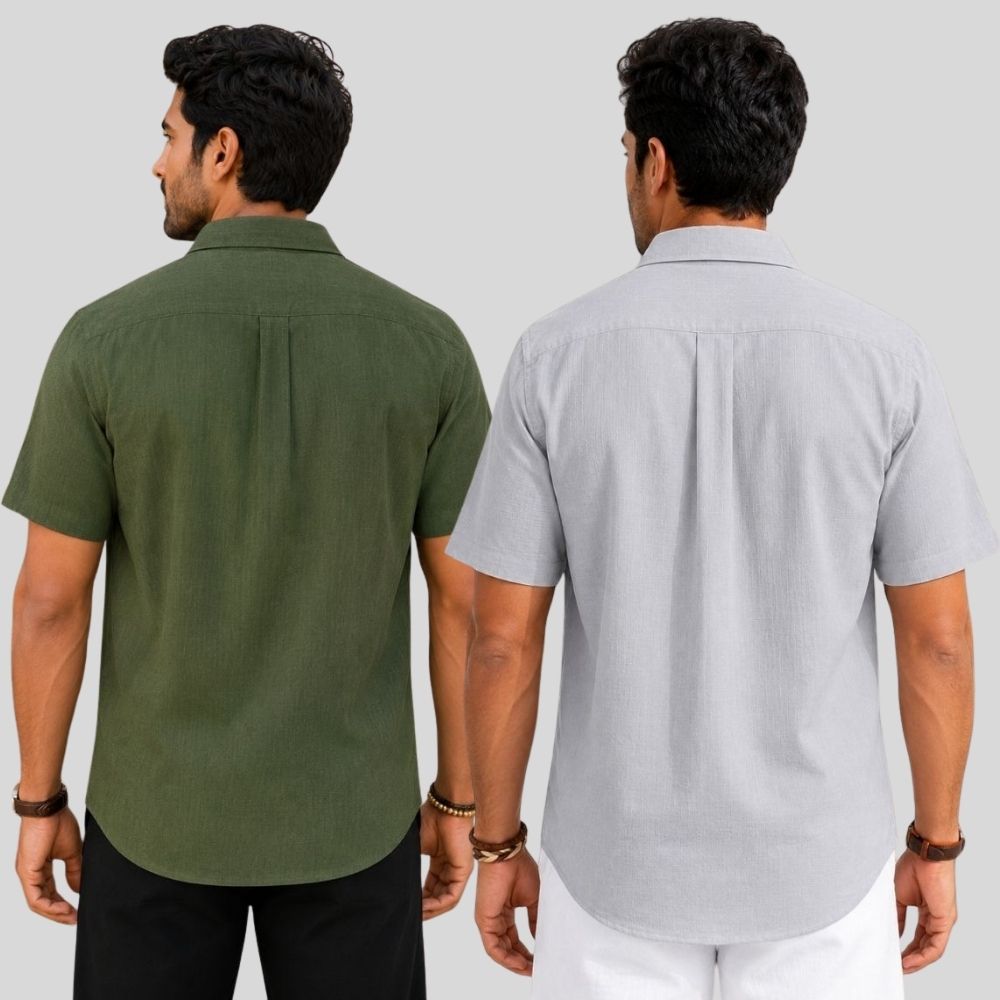 Combo of 2 Linen Half Sleeve Shirt Olive Green and Light Gray-51949