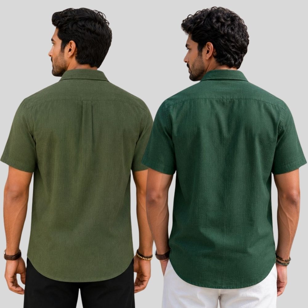 Combo of 2 Linen Half Sleeve Shirt Olive Green and Bottle Green-51952