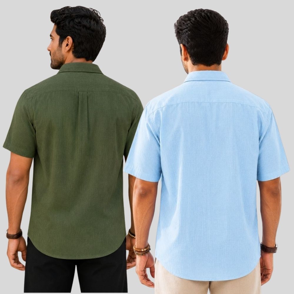 Combo of 2 Linen Half Sleeve Shirt Olive Green and Light Blue-51956