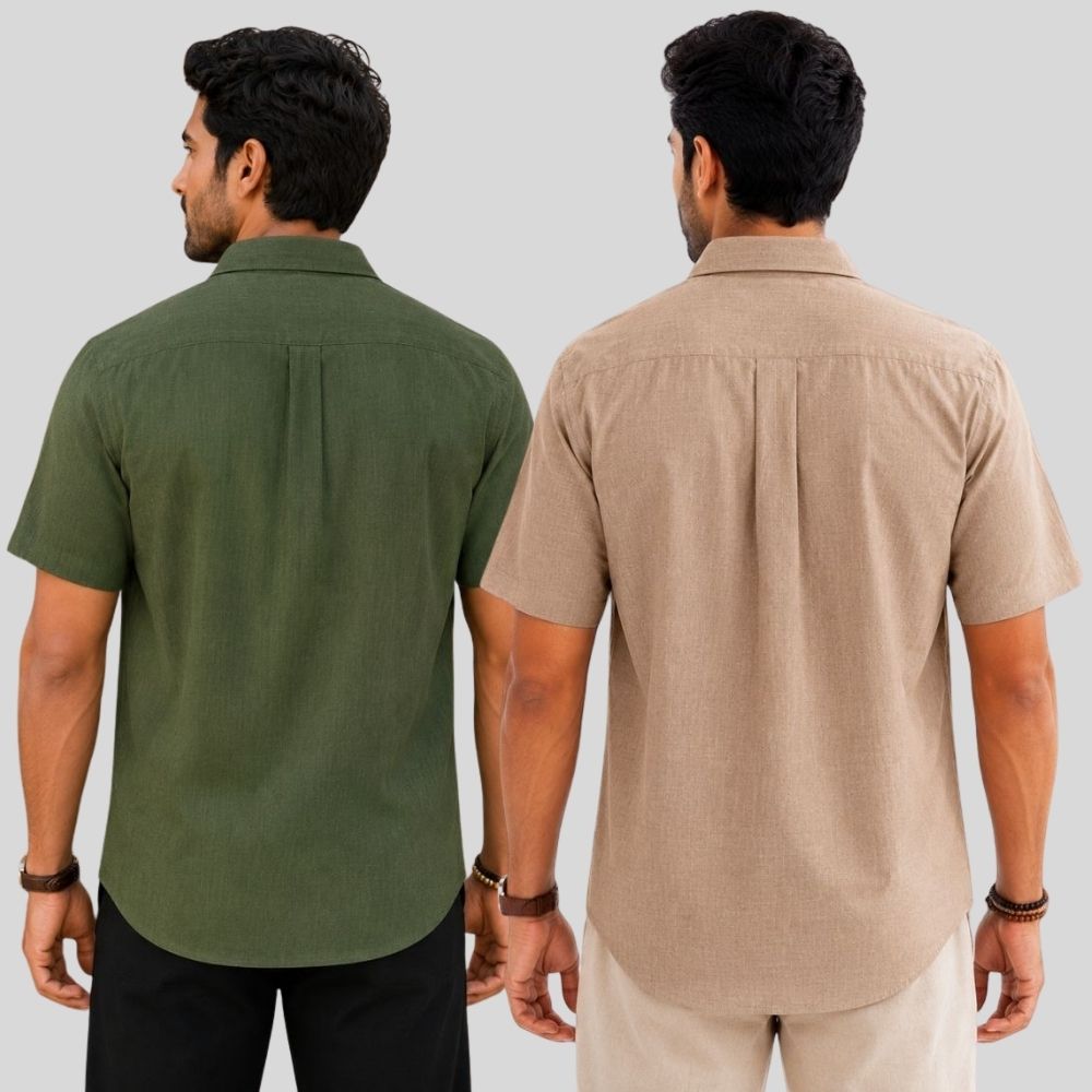 Combo of 2 Linen Half Sleeve Shirt Olive Green and Dark Beige-51957