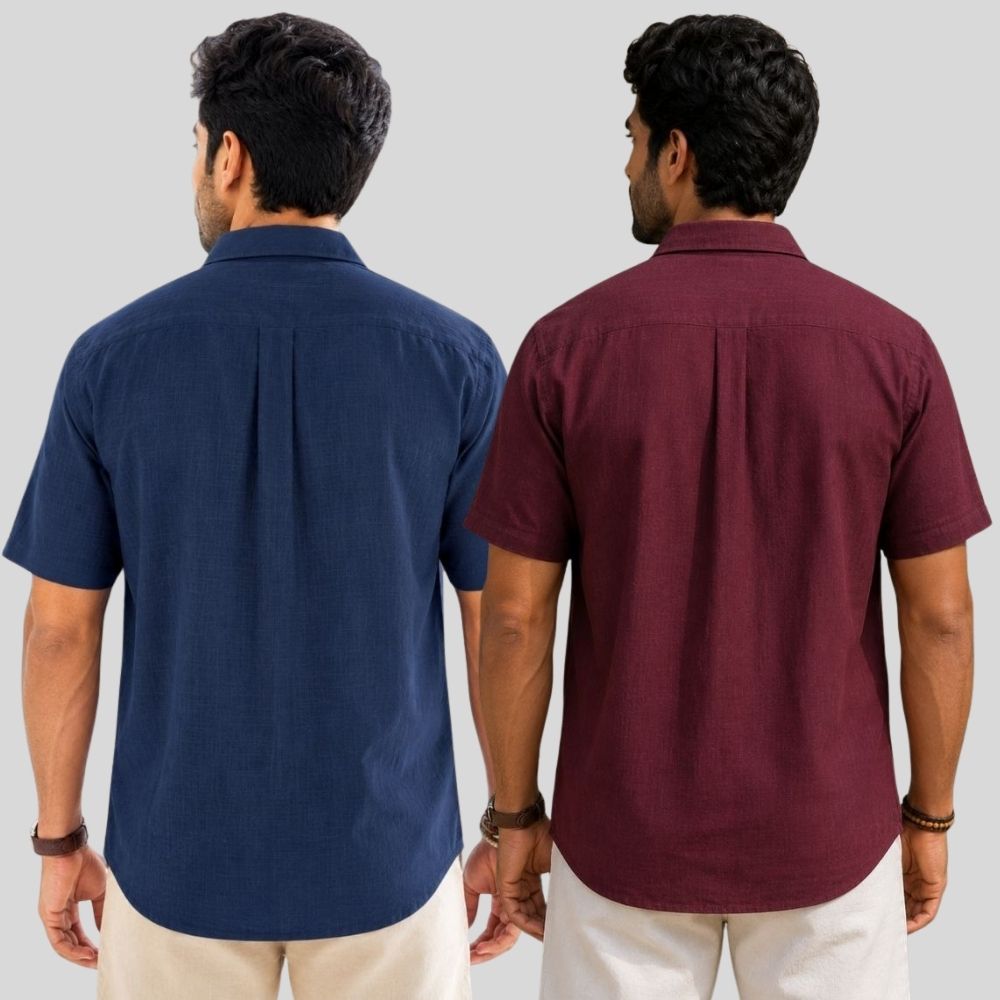 Combo of 2 Linen Half Sleeve Shirt Navy Blue and Maroon-51959