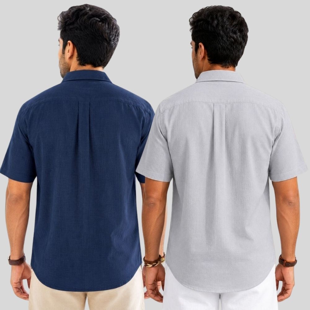 Combo of 2 Linen Half Sleeve Shirt Navy Blue and Light Gray-51960