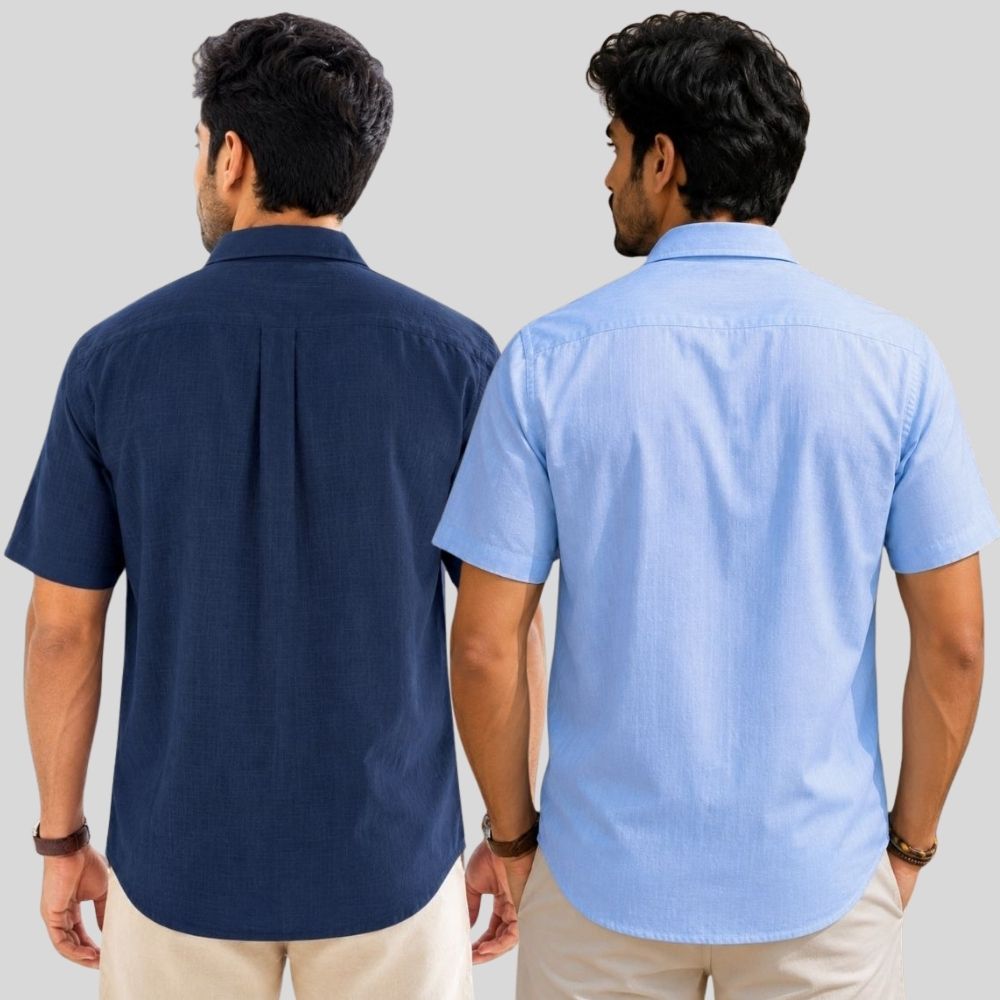 Combo of 2 Linen Half Sleeve Shirt Navy Blue and Sky Blue-51961
