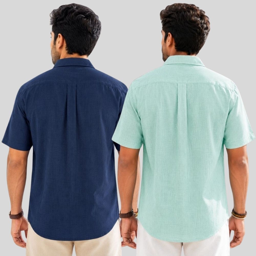 Combo of 2 Linen Half Sleeve Shirt Navy Blue and Parrot Green-51964