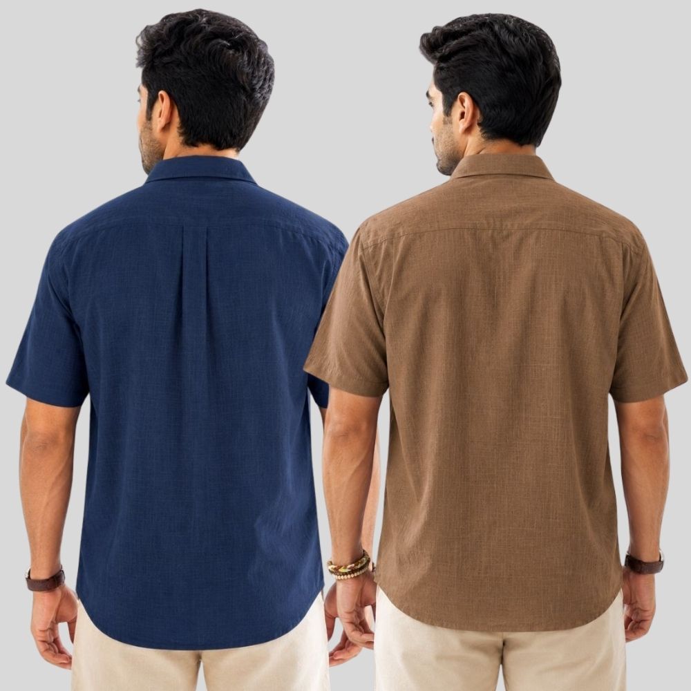 Combo of 2 Linen Half Sleeve Shirt Navy Blue and Brown-51965