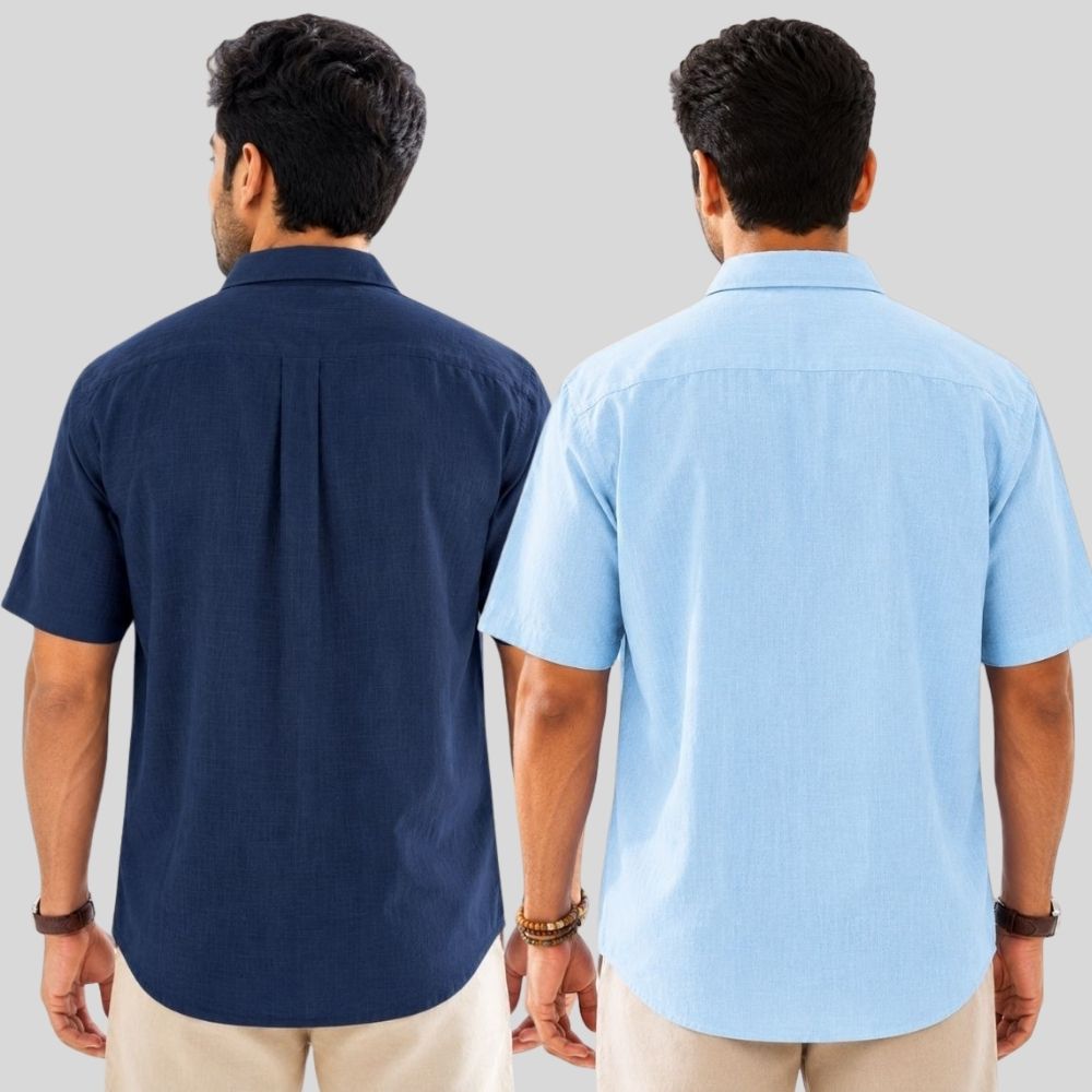 Combo of 2 Linen Half Sleeve Shirt Navy Blue and Light Blue-51967