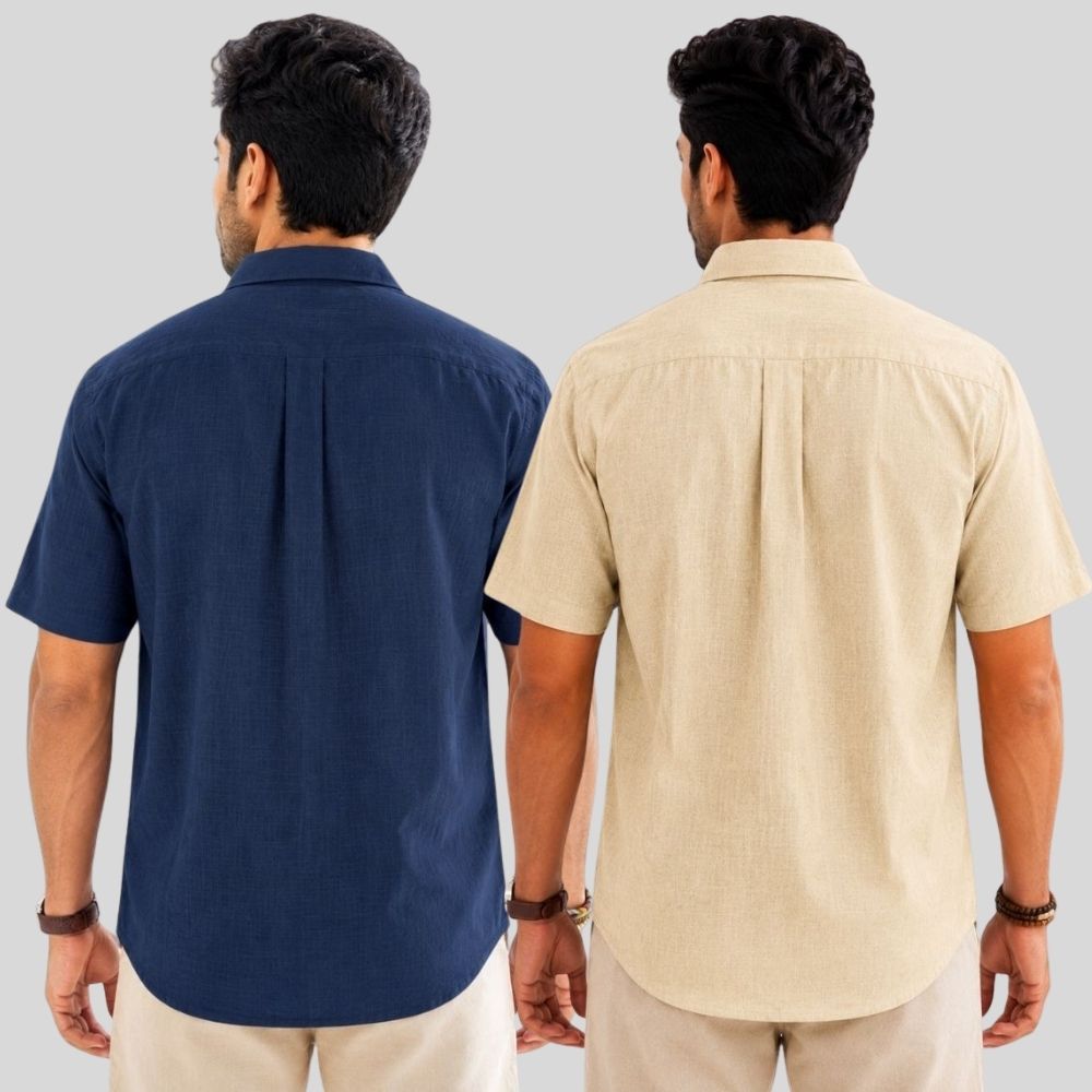 Combo of 2 Linen Half Sleeve Shirt Navy Blue and Beige-51969