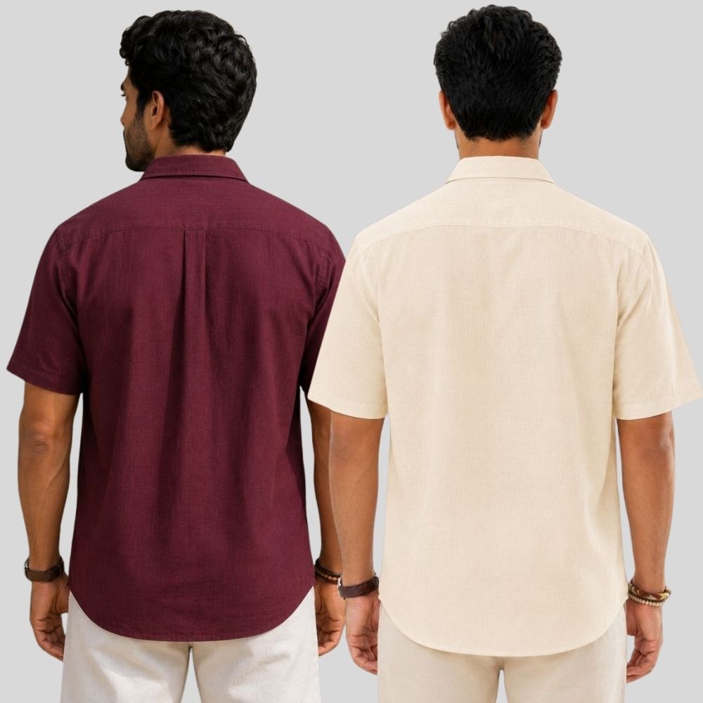 Combo of 2 Linen Half Sleeve Shirt Maroon and Light Beige-51972