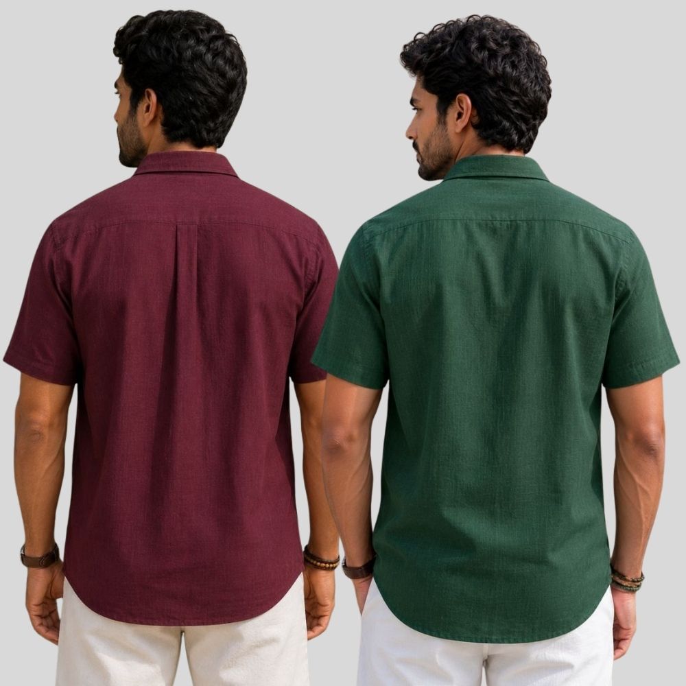 Combo of 2 Linen Half Sleeve Shirt Maroon and Bottle Green-51973