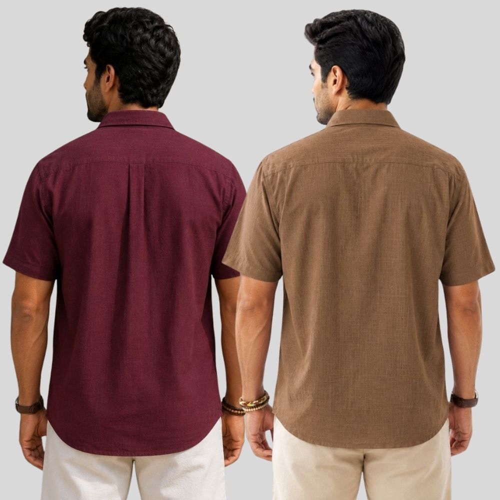 Combo of 2 Linen Half Sleeve Shirt Maroon and Brown-51975