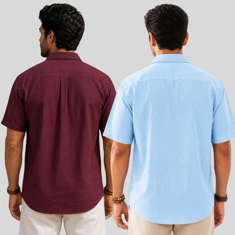Combo of 2 Linen Half Sleeve Shirt Maroon and Light Blue-51977
