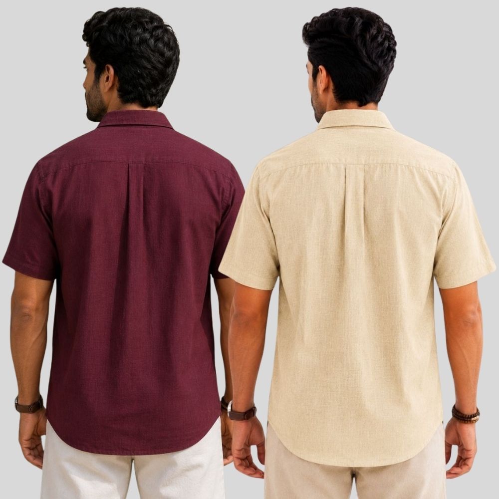 Combo of 2 Linen Half Sleeve Shirt Maroon and Beige-51979