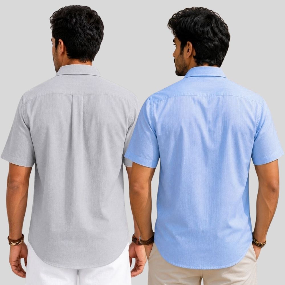 Combo of 2 Linen Half Sleeve Shirt Light Gray and Sky Blue-51980