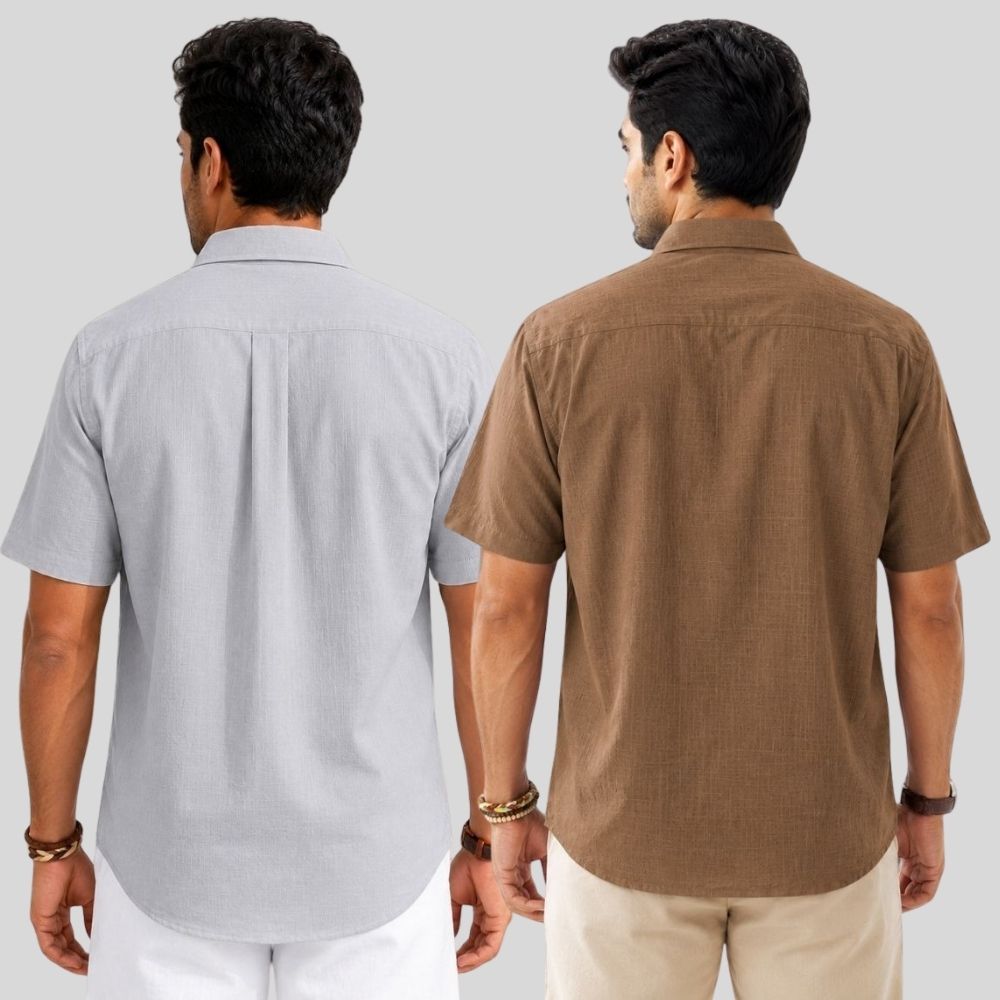 Combo of 2 Linen Half Sleeve Shirt Light Gray and Brown-51984