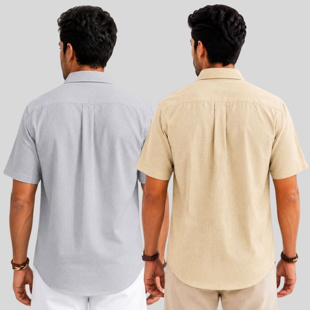 Combo of 2 Linen Half Sleeve Shirt Light Gray and Beige-51988