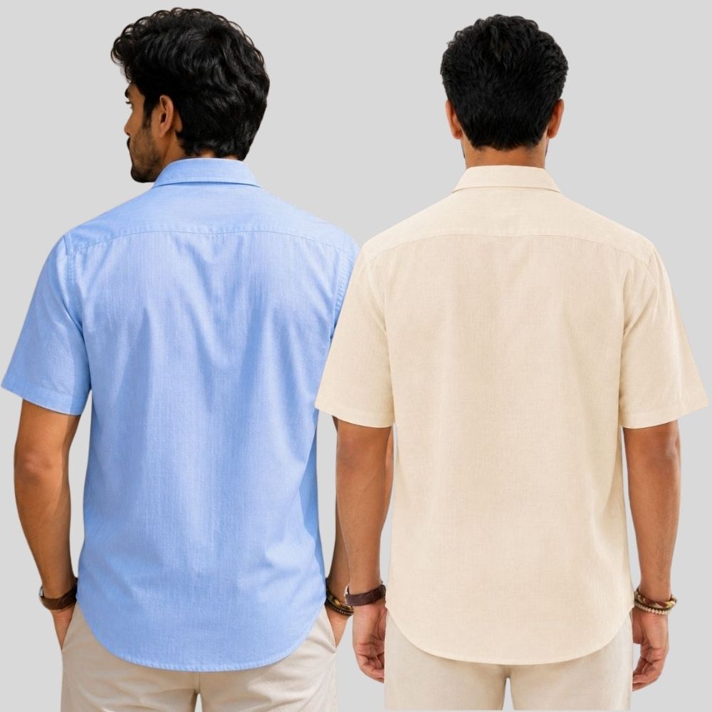 Combo of 2 Linen Half Sleeve Shirt Sky Blue and Light Beige-51989