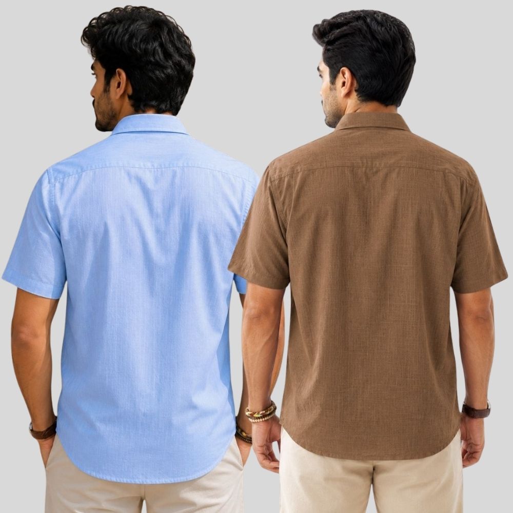 Combo of 2 Linen Half Sleeve Shirt Sky Blue and Brown-51992
