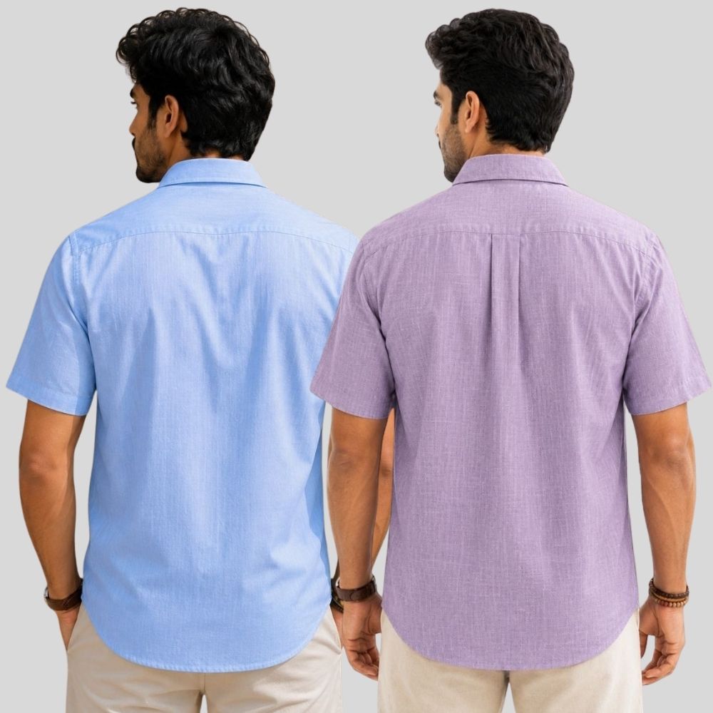 Combo of 2 Linen Half Sleeve Shirt Sky Blue and Purple-51993