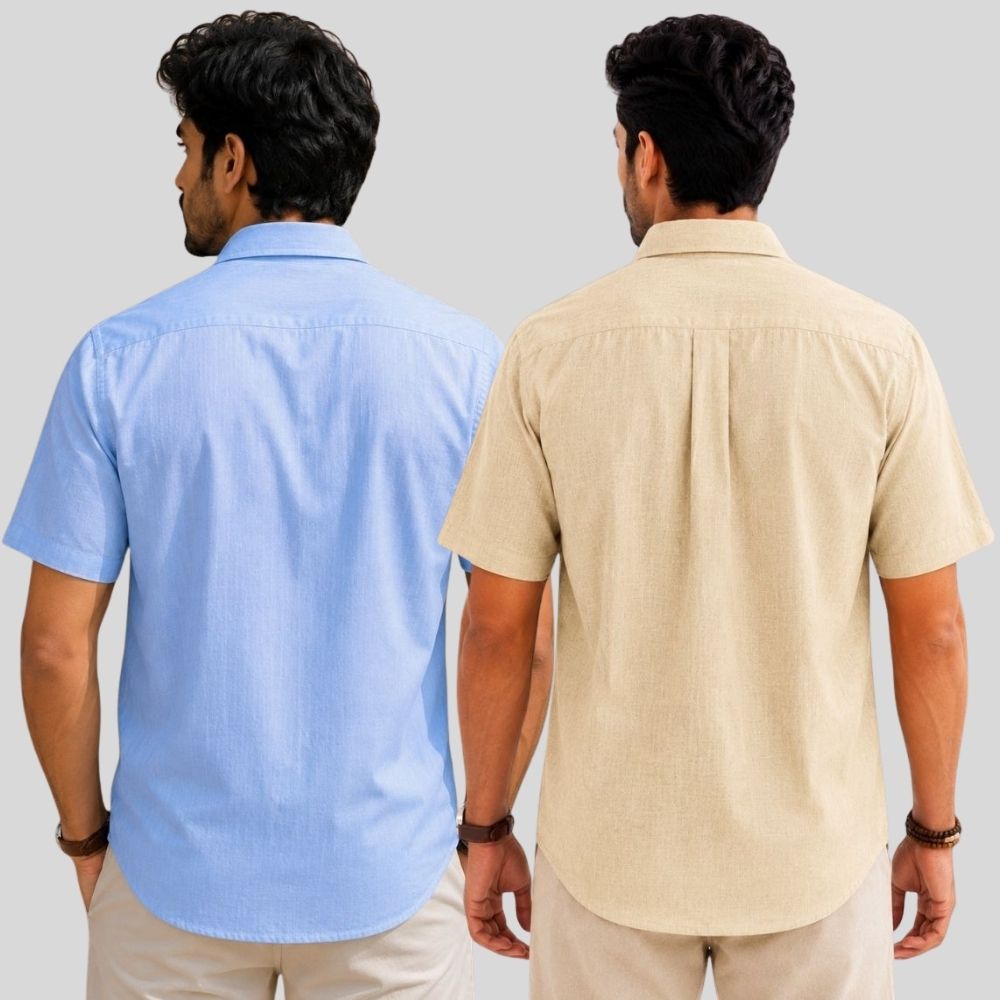Combo of 2 Linen Half Sleeve Shirt Sky Blue and Beige-51996