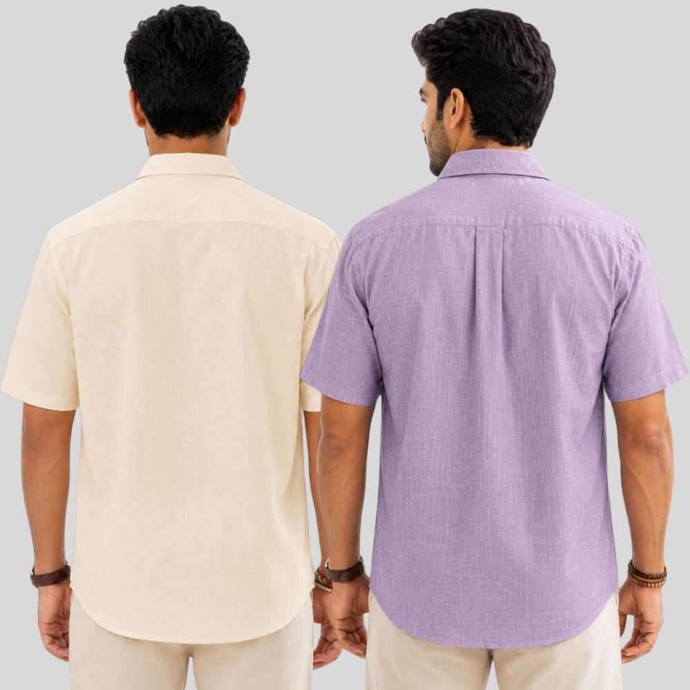Combo of 2 Linen Half Sleeve Shirt Light Beige and Purple-52000