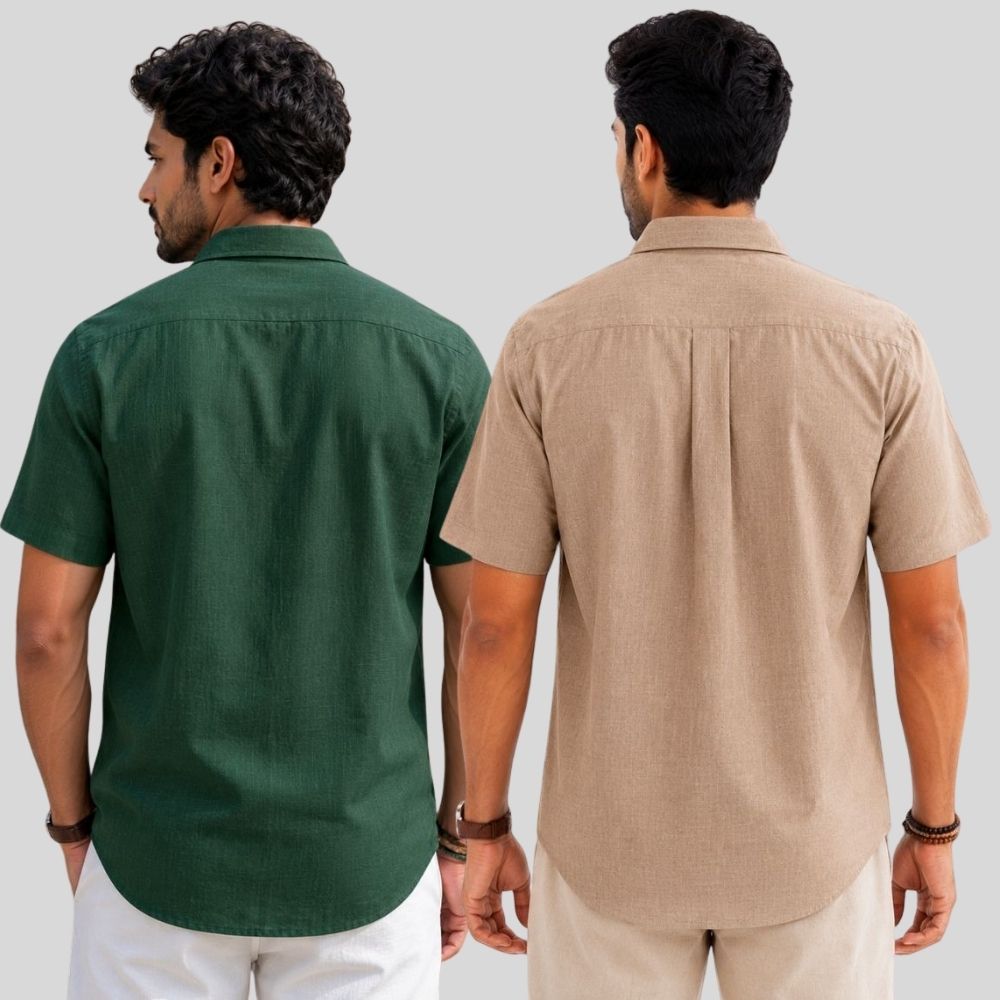 Combo of 2 Linen Half Sleeve Shirt Bottle Green and Dark Beige-52008