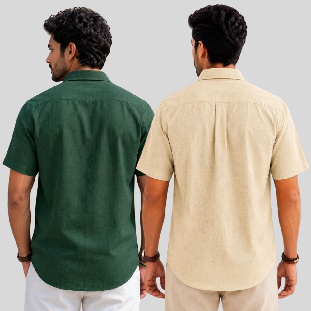 Combo of 2 Linen Half Sleeve Shirt Bottle Green and Beige-52009