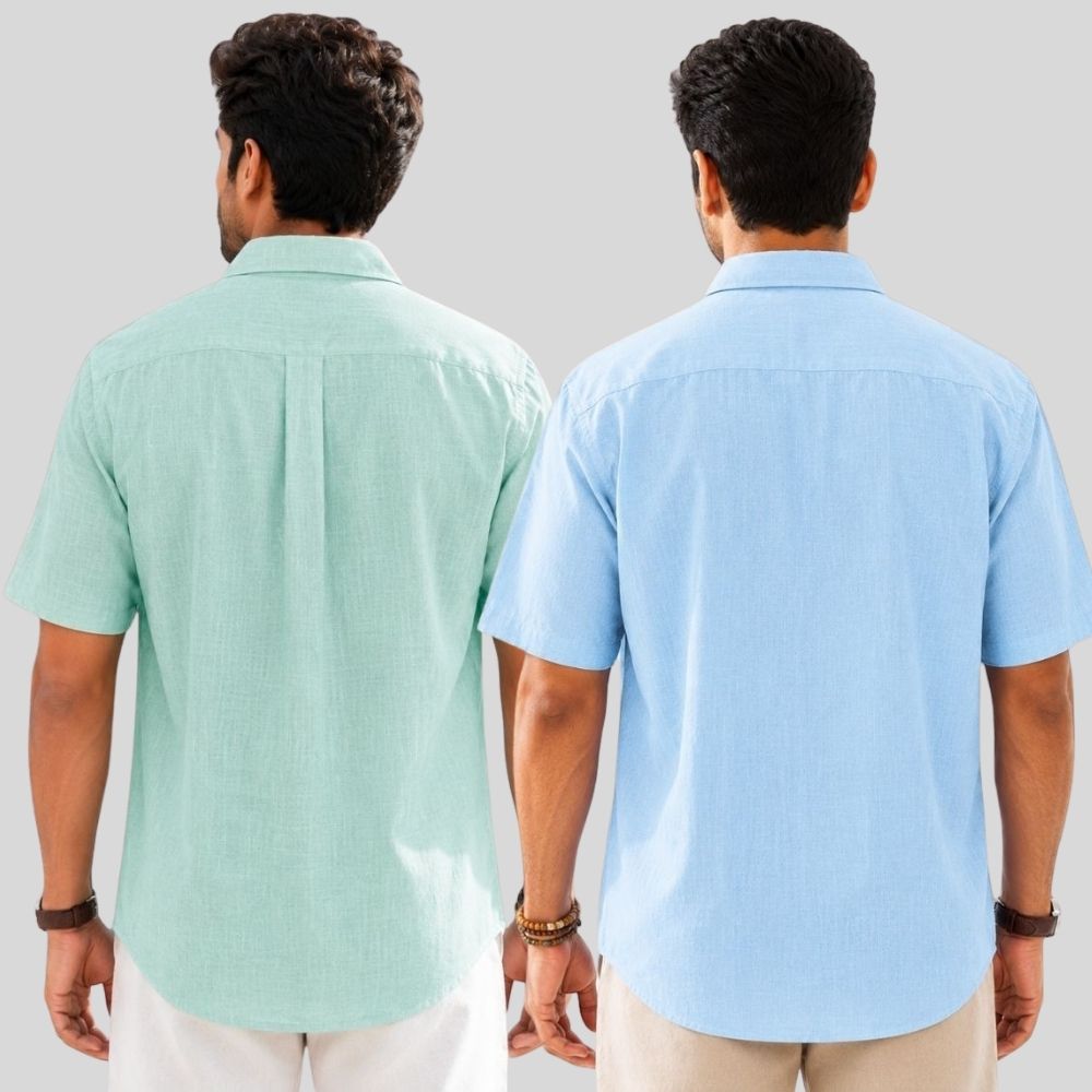 Combo of 2 Linen Half Sleeve Shirt Parrot Green and Light Blue-52012