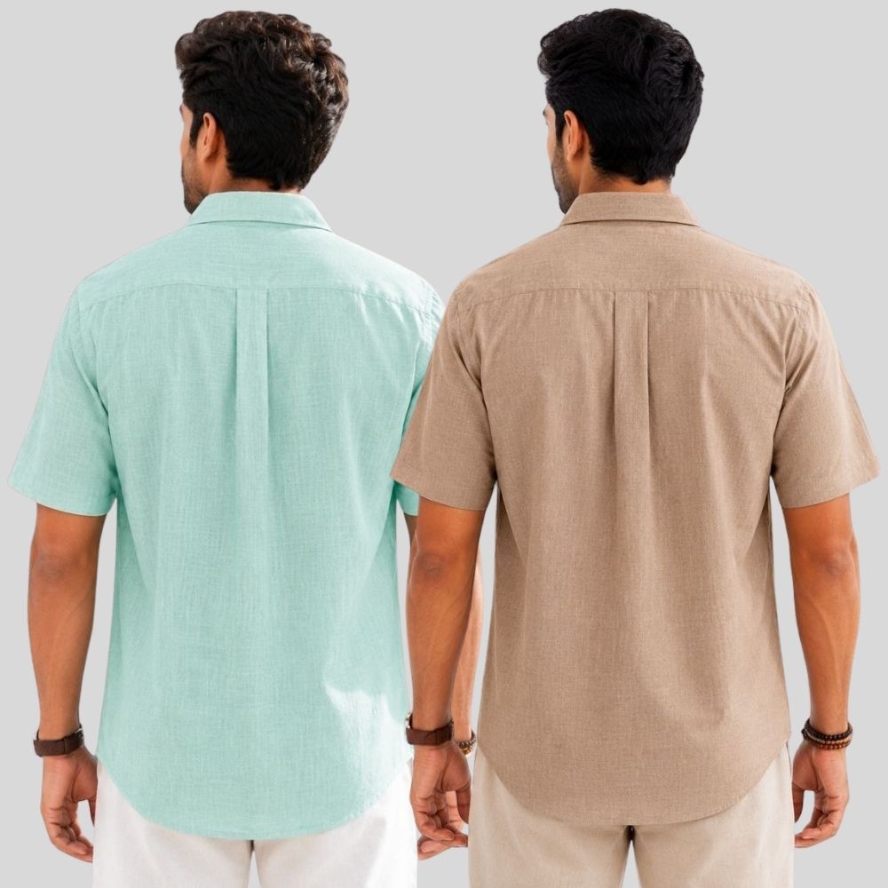 Combo of 2 Linen Half Sleeve Shirt Parrot Green and Dark Beige-52013