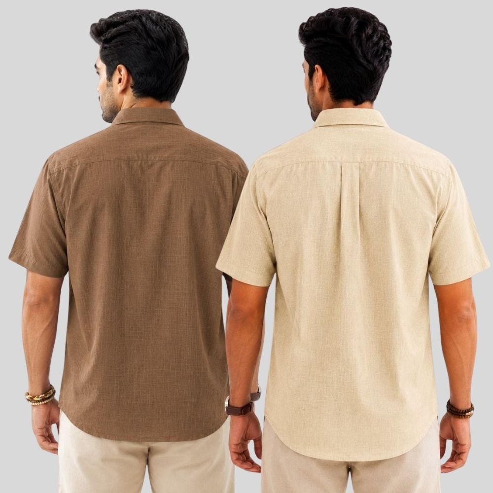 Combo of 2 Linen Half Sleeve Shirt Brown and Beige-52018