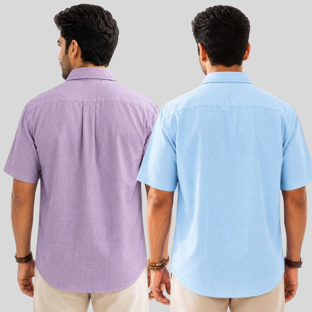 Combo of 2 Linen Half Sleeve Shirt Purple and Light Blue-52019
