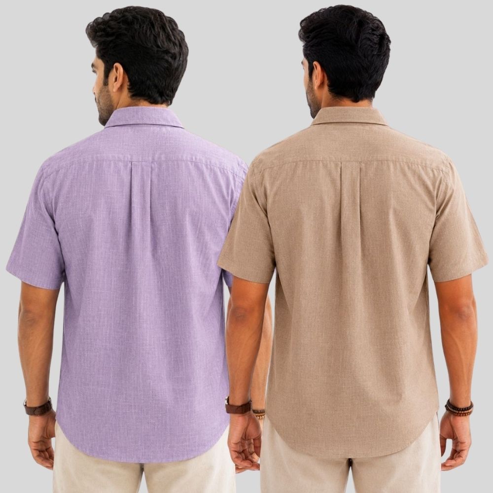Combo of 2 Linen Half Sleeve Shirt Purple and Dark Beige-52020