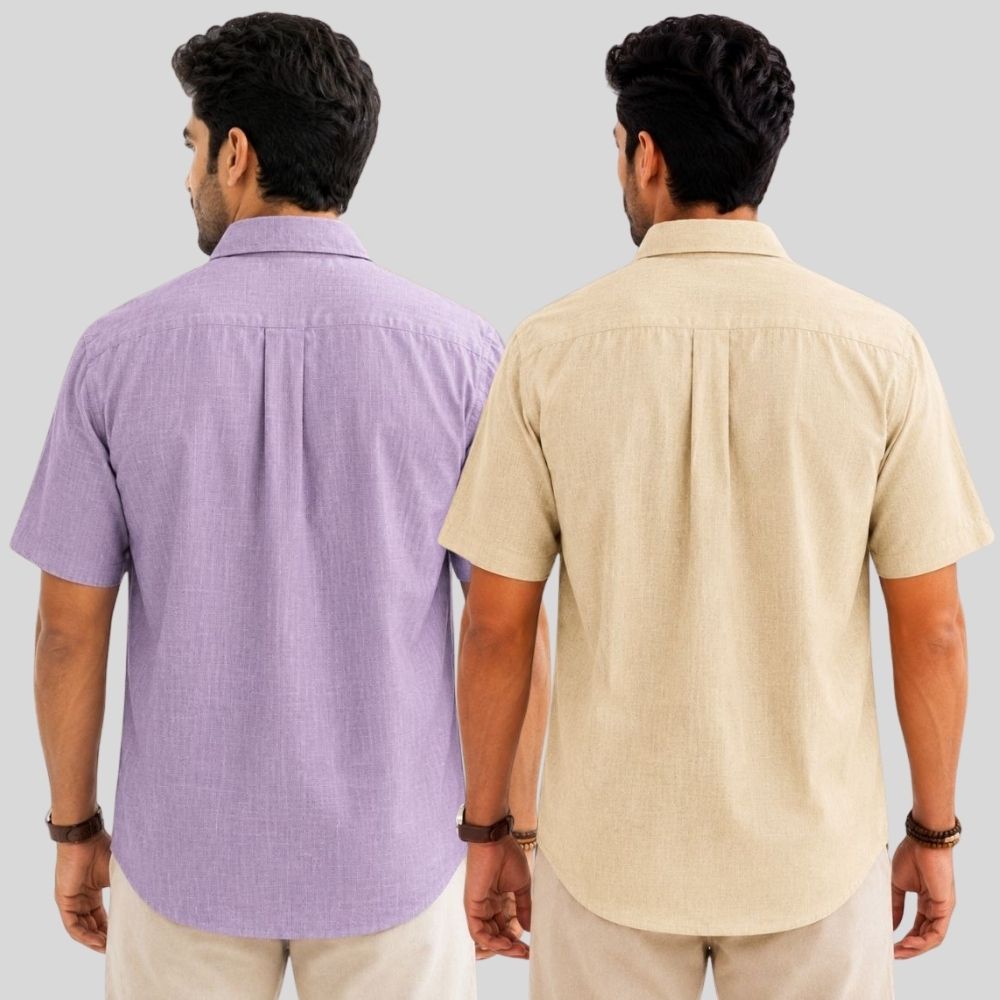 Combo of 2 Linen Half Sleeve Shirt Purple and Beige-52021