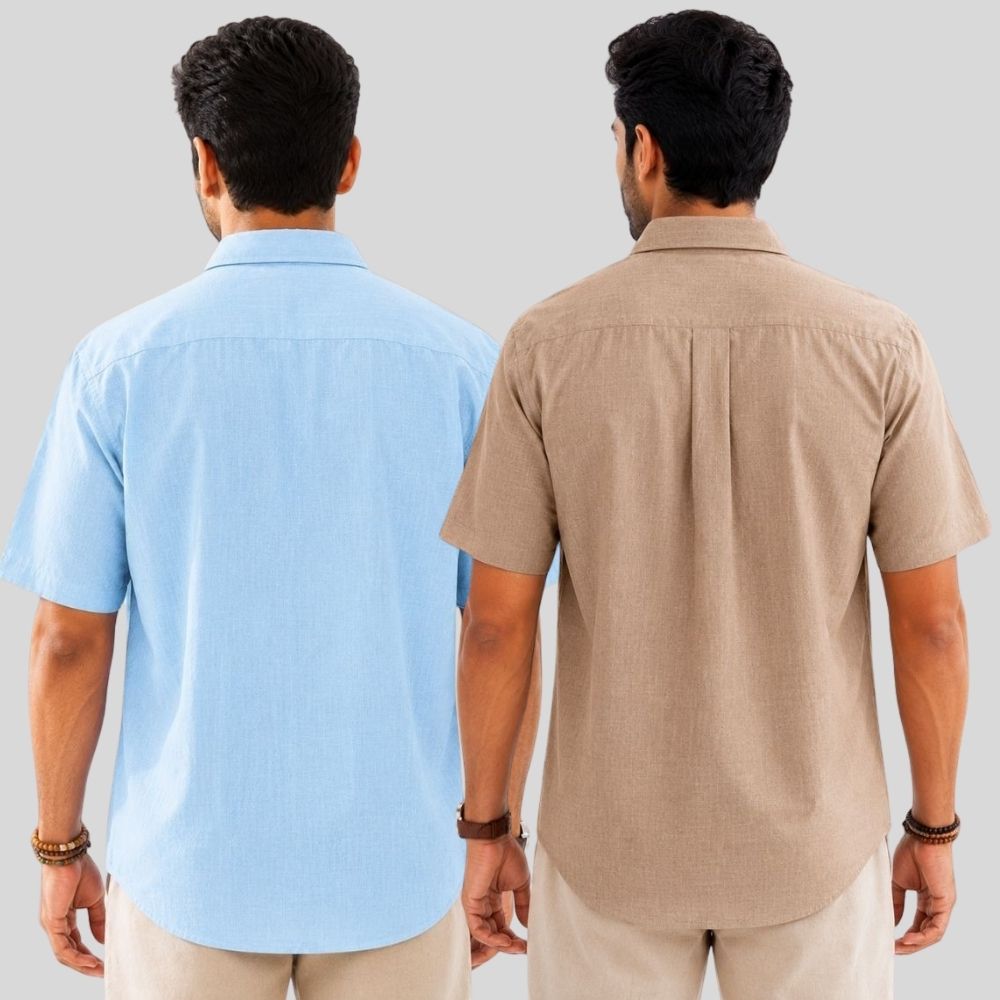 Combo of 2 Linen Half Sleeve Shirt Light Blue and Dark Beige-52022