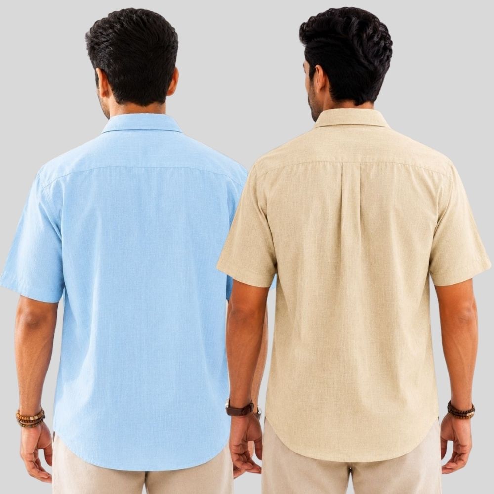 Combo of 2 Linen Half Sleeve Shirt Light Blue and Beige-52023