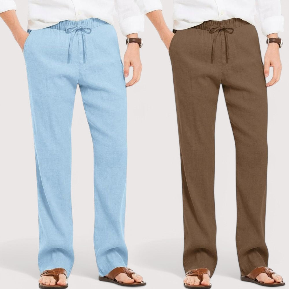 Combo of 2 Linen Loose Fit Men Pant Blue and Brown-49643